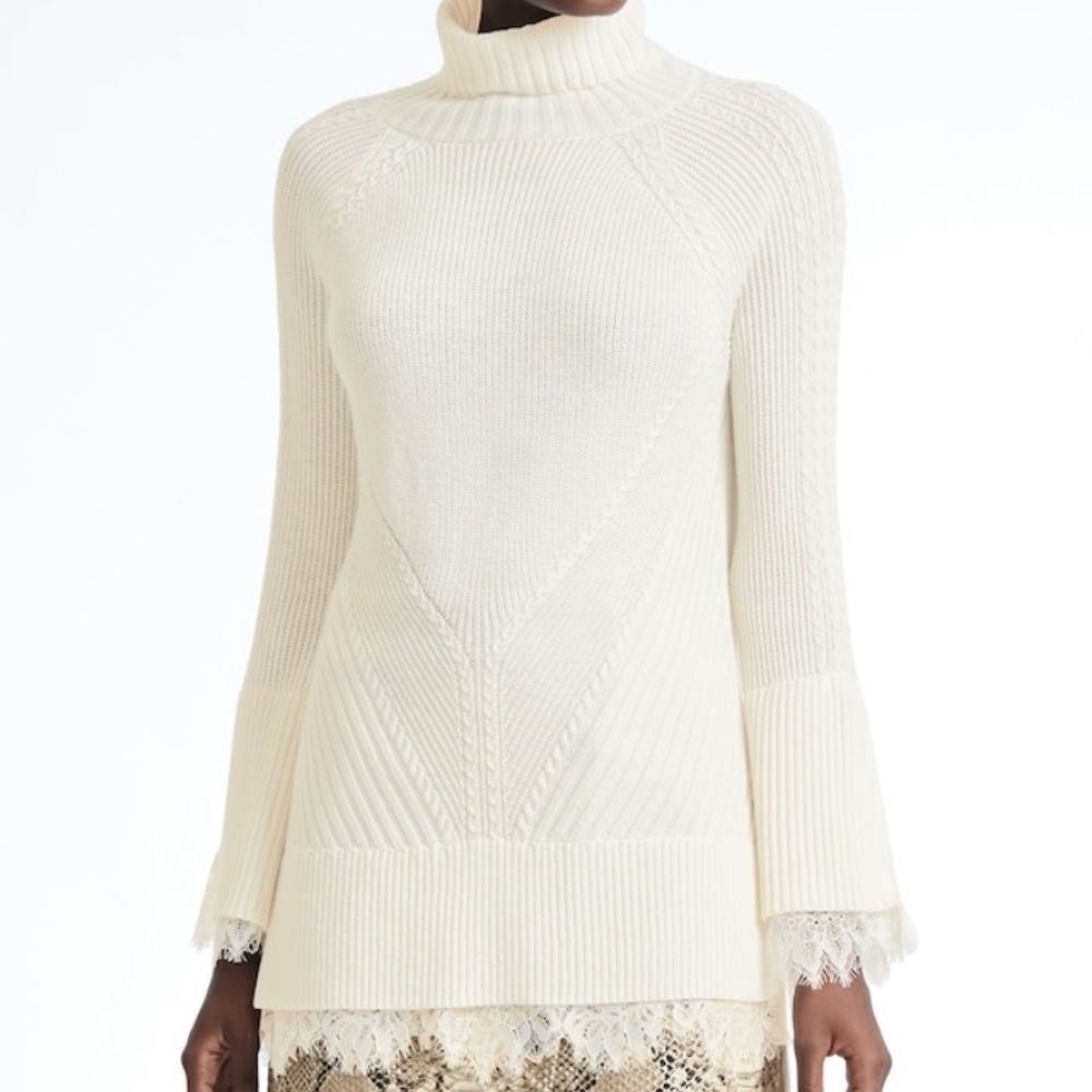 Olivia Palermo |; Cable-Knit Turtleneck with Lace